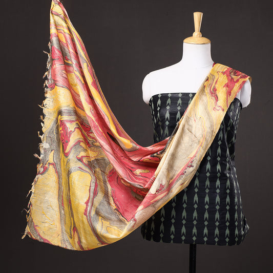 Black - 3pc Handloom Mulberry Suit Material Set with Banana Silk Marble Printed Dupatta