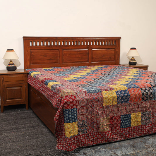 Multicolor - Ajrakh Print Patchwork Double Tagai Kantha Bed Cover 60