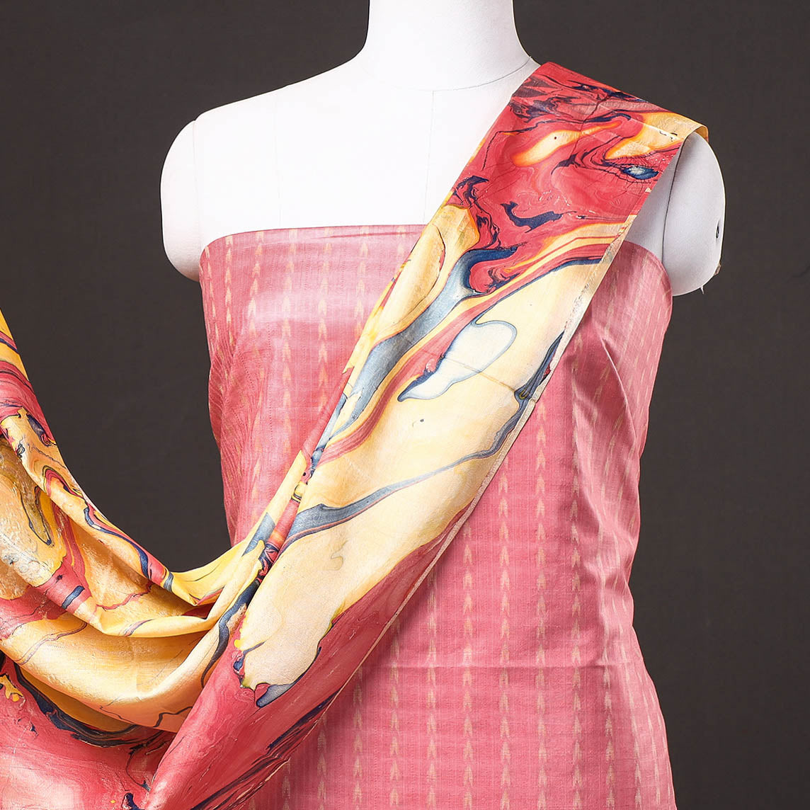 Pink - 3pc Handloom Mulberry Suit Material Set with Banana Silk Marble Printed Dupatta