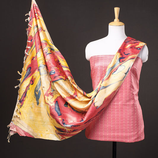 Pink - 3pc Handloom Mulberry Suit Material Set with Banana Silk Marble Printed Dupatta
