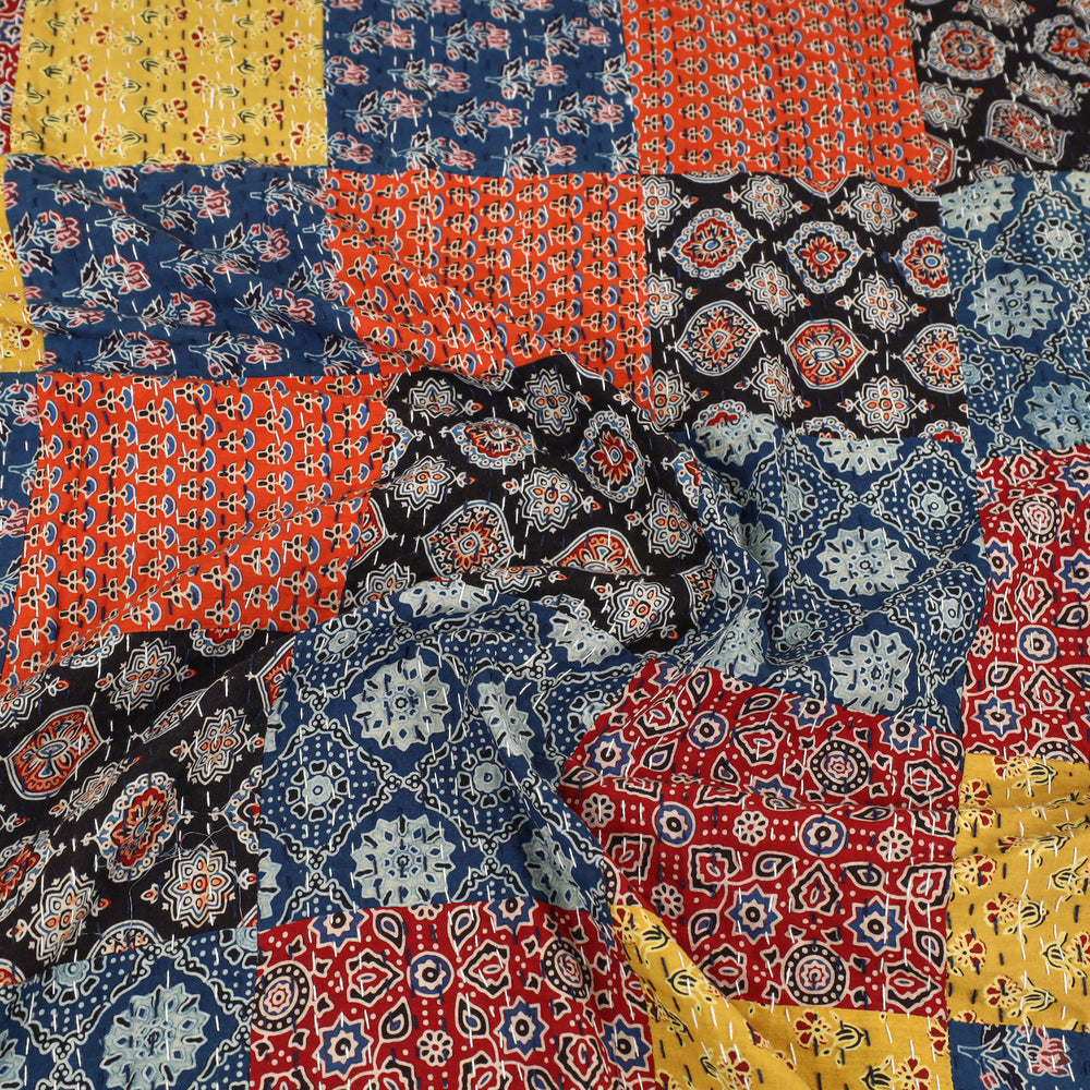 Multicolor - Ajrakh Print Patchwork Double Tagai Kantha Bed Cover 60