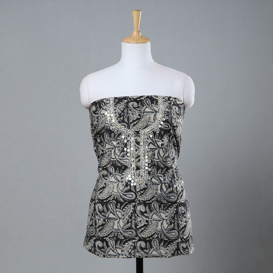 Black - Bead Work Embroidery Kalamkari Block Printed Cotton Kurta Material - 2.5 meter