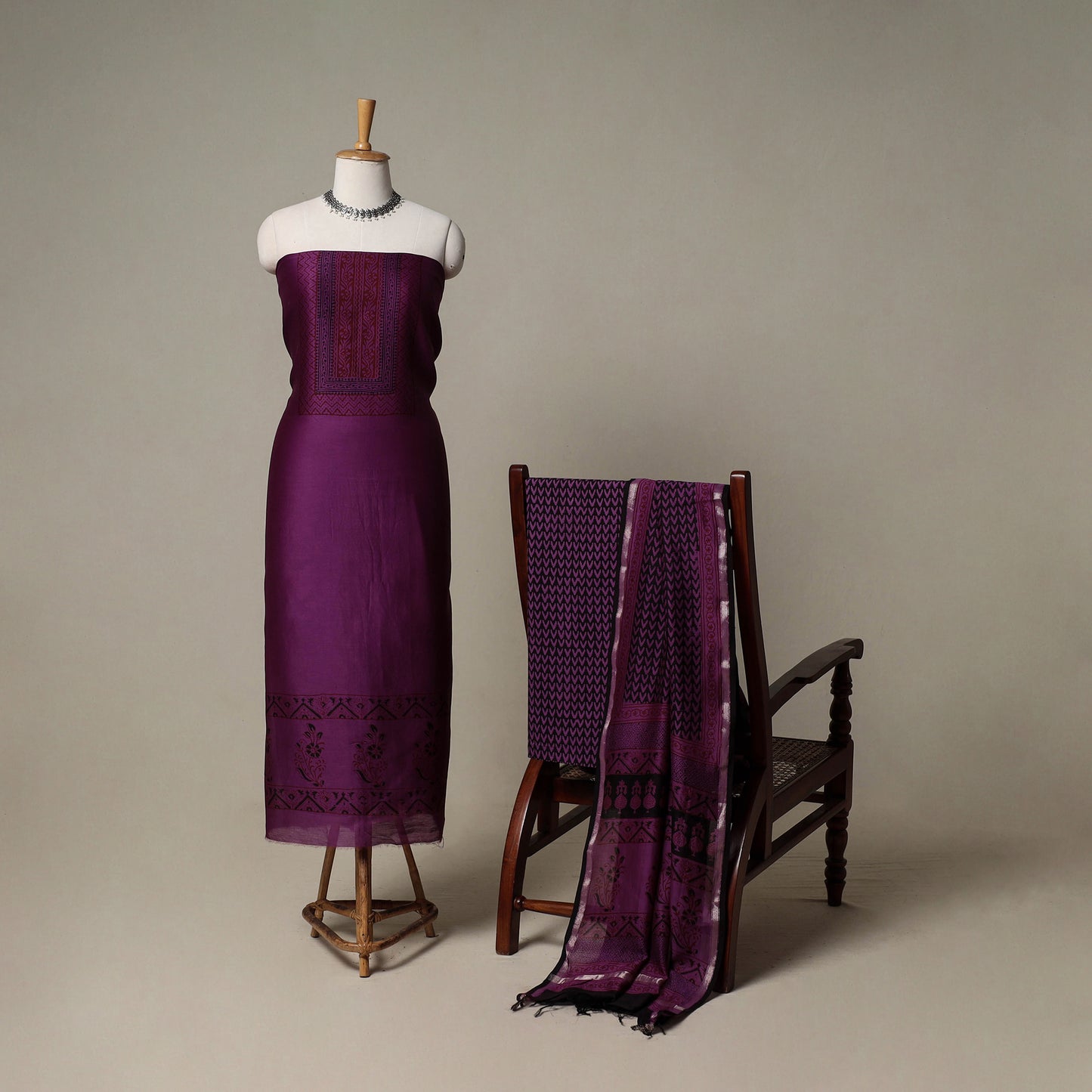 Bagh Hand Block Print Natural Dyed Chanderi Silk 3pc Unstitched Dress Material Suit Set 73
