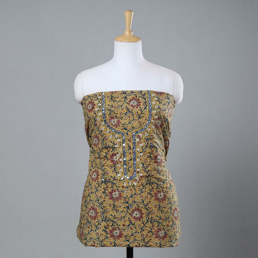 Yellow - Bead Work Embroidery Kalamkari Block Printed Cotton Kurta Material - 2.5 meter