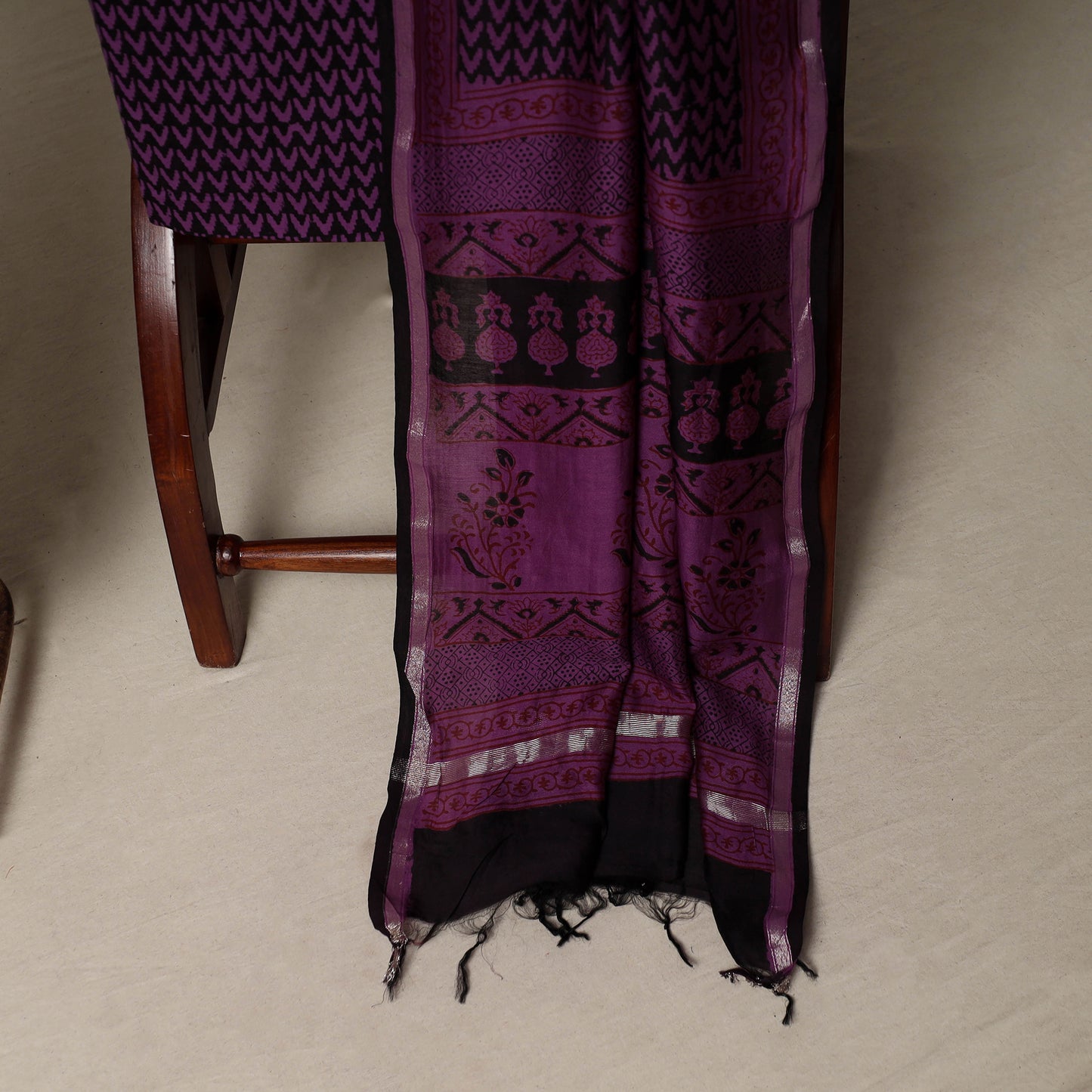 Bagh Hand Block Print Natural Dyed Chanderi Silk 3pc Unstitched Dress Material Suit Set 73