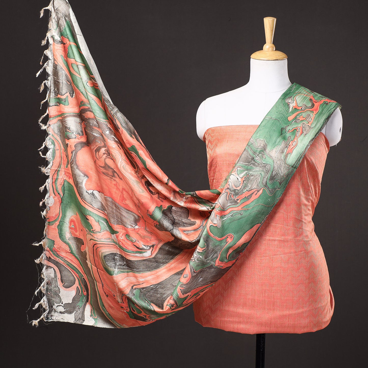 Peach -3pc Handloom Mulberry Suit Material Set with Banana Silk Marble Printed Dupatta