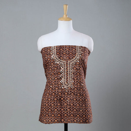 Brown - Bead Work Embroidery Kalamkari Block Printed Cotton Kurti Material - 2.5 meter