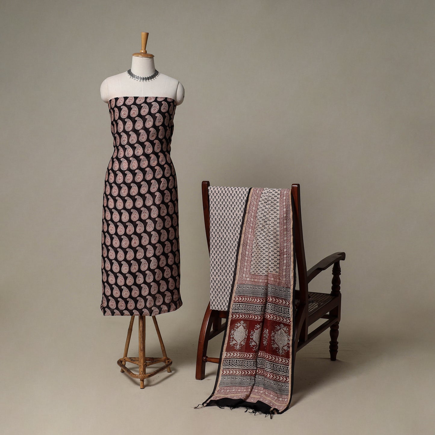 Bagh Hand Block Print Natural Dyed Chanderi Silk 3pc Unstitched Dress Material Suit Set 75