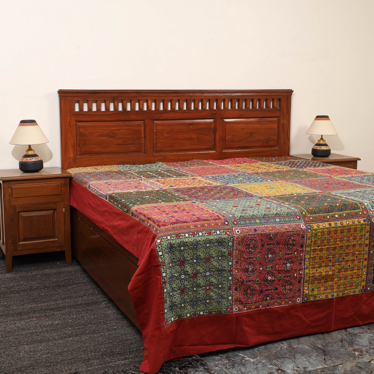 Multicolor - Ajrakh Print Patchwork Double Tagai Kantha Bed Cover 64