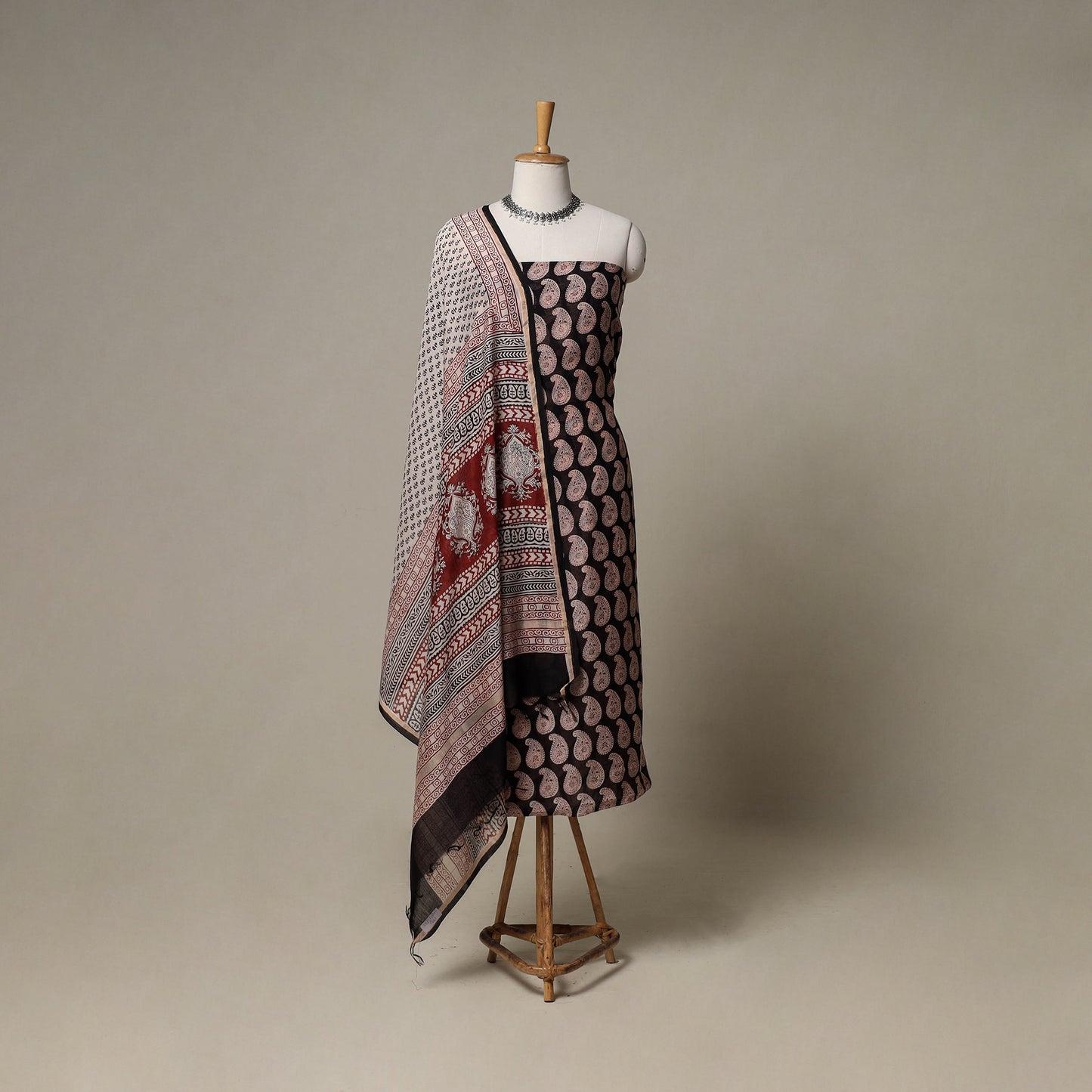 Bagh Hand Block Print Natural Dyed Chanderi Silk 3pc Unstitched Dress Material Suit Set 75