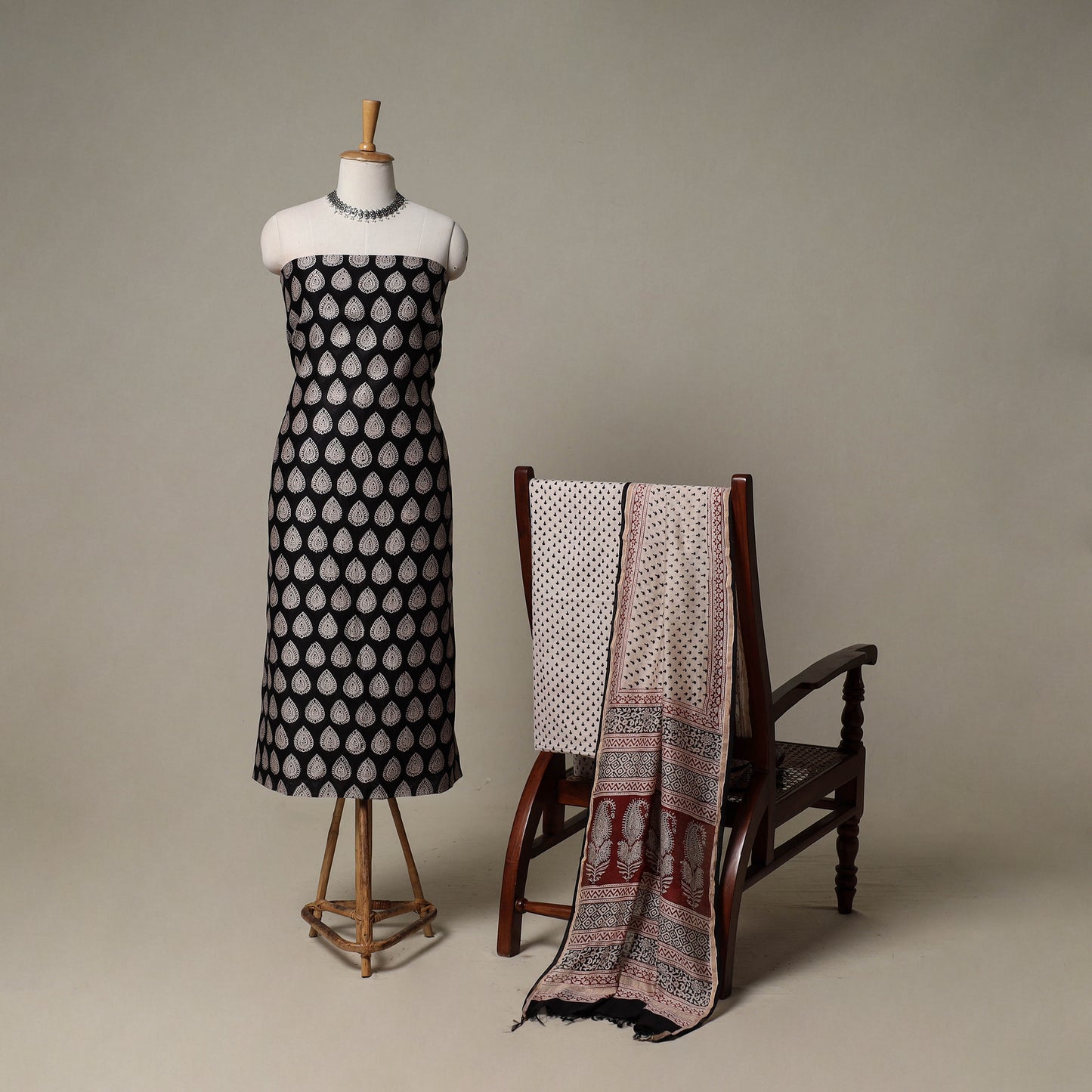 Bagh Hand Block Print Natural Dyed Chanderi Silk 3pc Unstitched Dress Material Suit Set 76