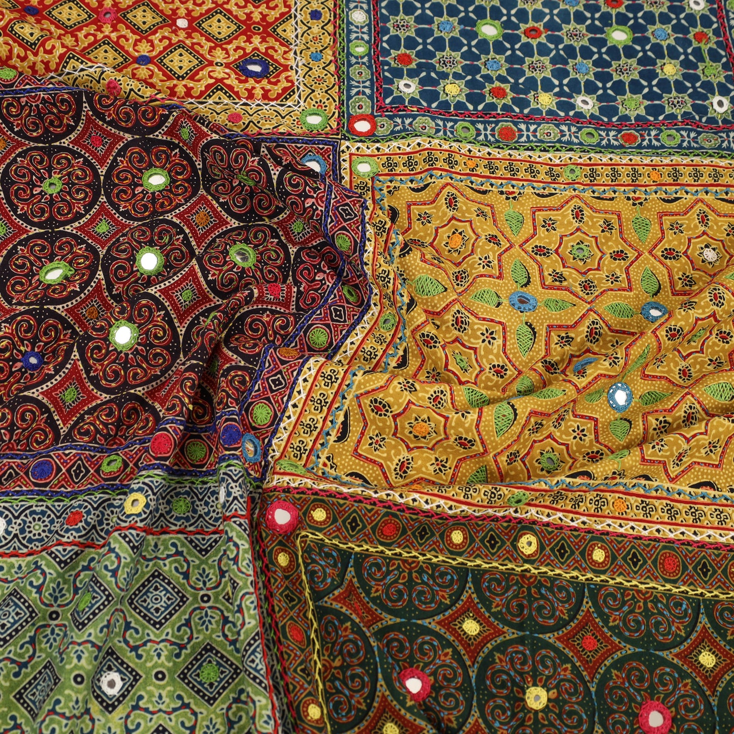 Multicolor - Ajrakh Print Patchwork Double Tagai Kantha Bed Cover 64