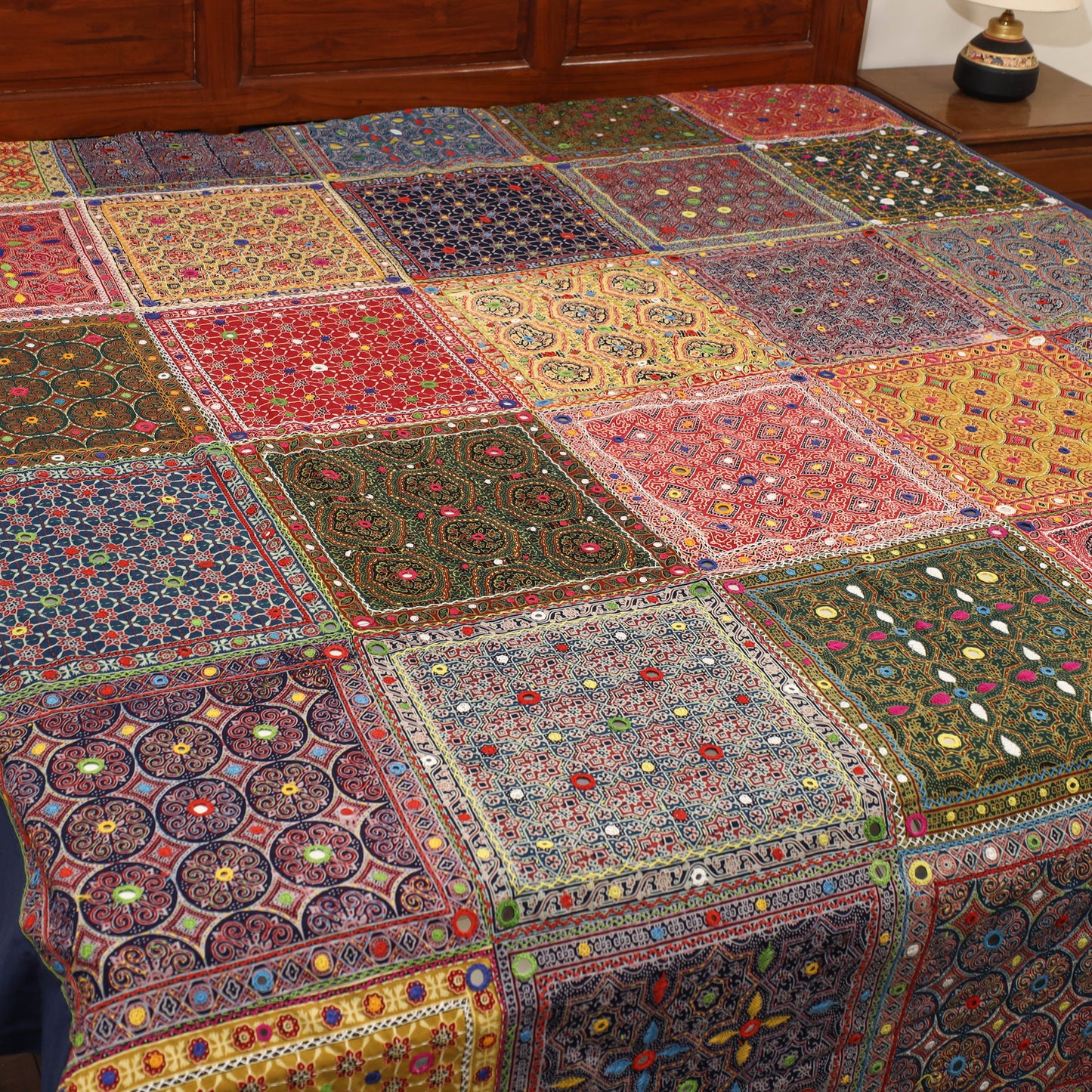 Multicolor - Ajrakh Print Patchwork Double Tagai Kantha Bed Cover 65