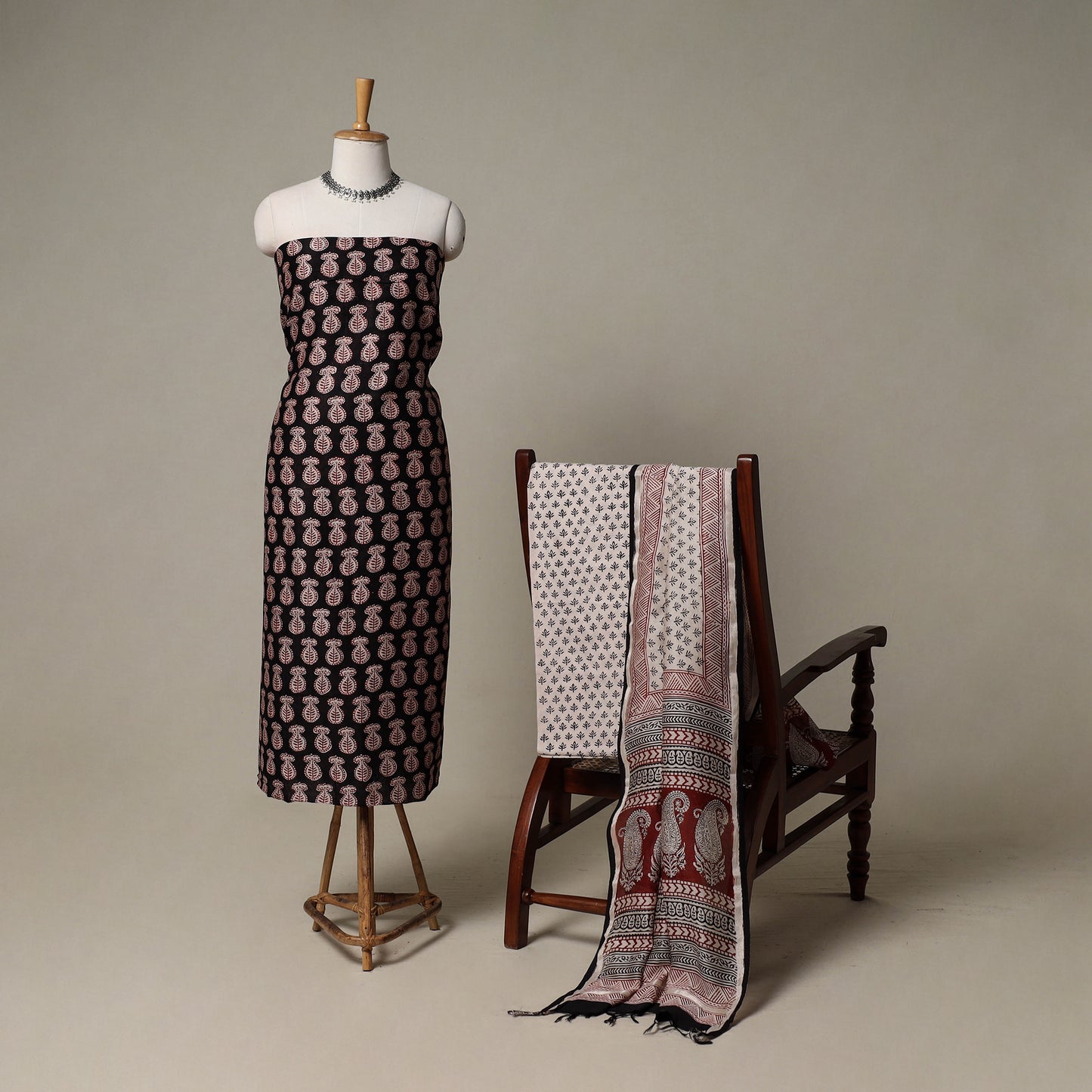 Bagh Hand Block Print Natural Dyed Chanderi Silk 3pc Unstitched Dress Material Suit Set 77