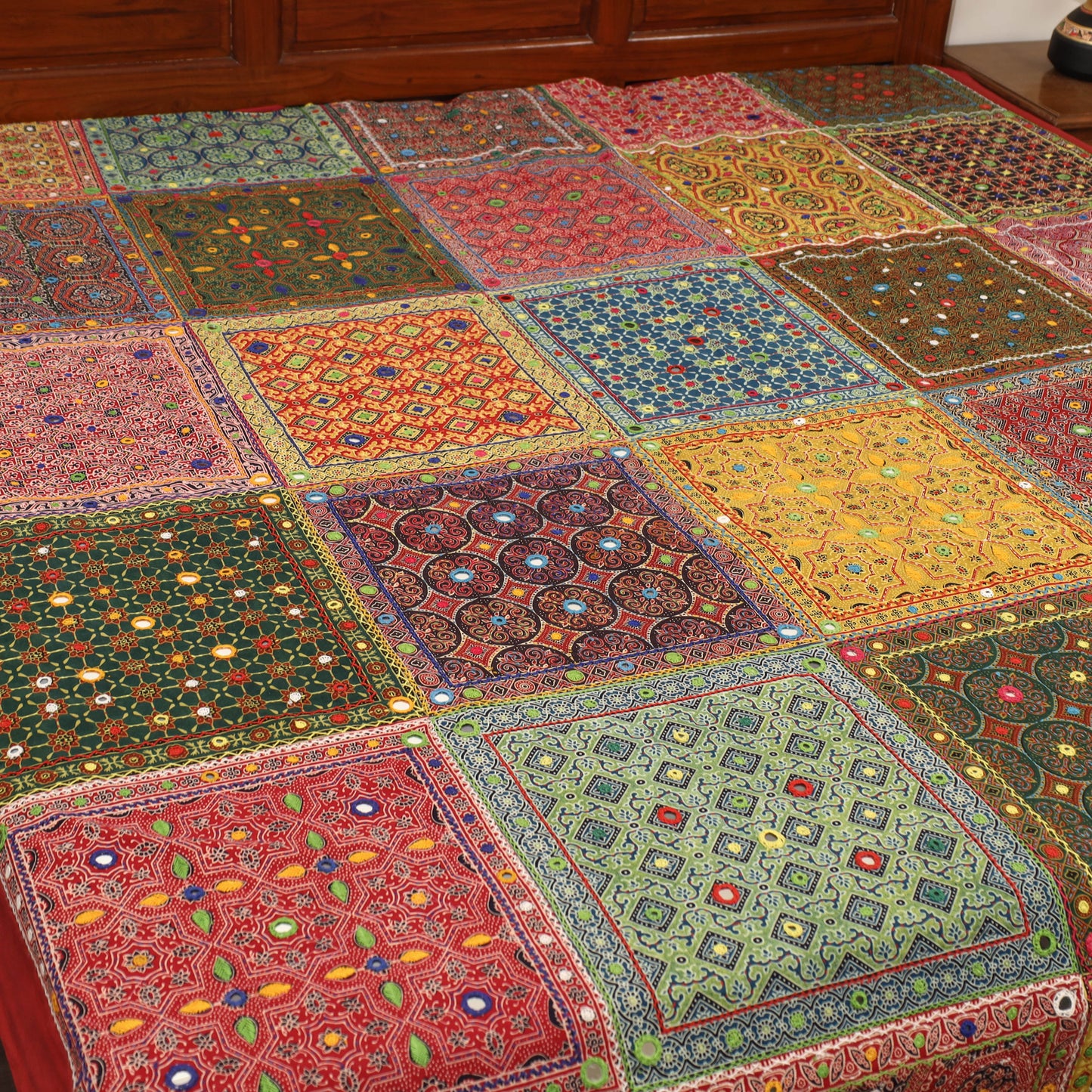 Multicolor - Ajrakh Print Patchwork Double Tagai Kantha Bed Cover 66