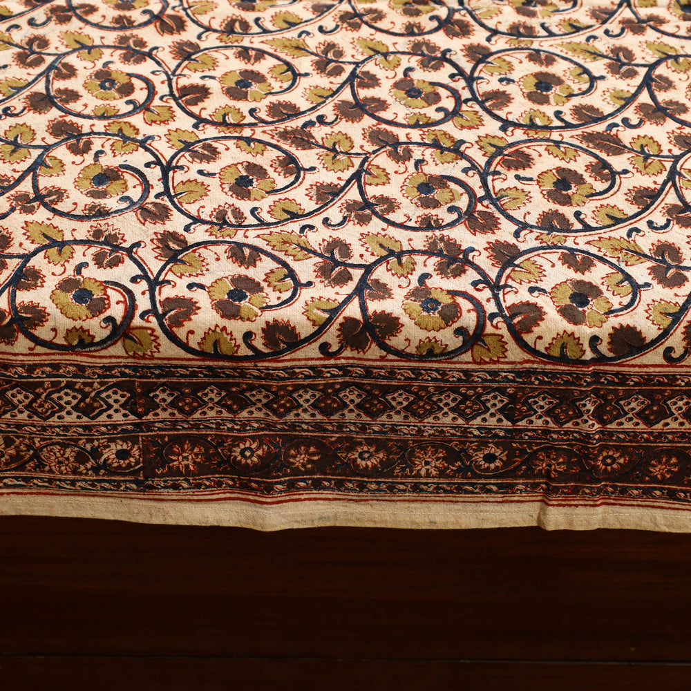 Beige - Block Print Cotton Pedana Kalamkari Bed Sheet 27