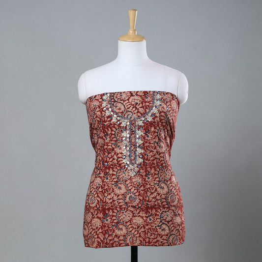 Red - Bead Work Embroidery Kalamkari Block Printed Cotton Kurta Material - 2.5 meter