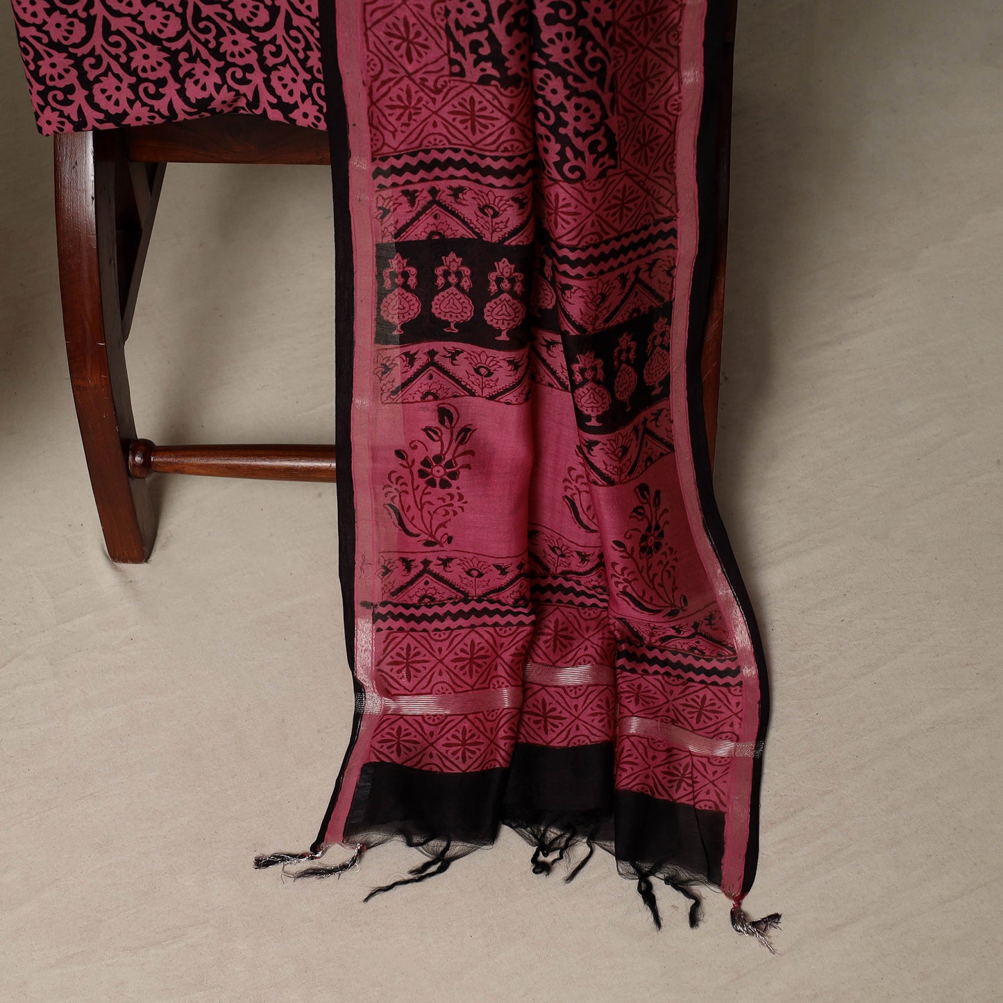 Bagh Hand Block Print Natural Dyed Chanderi Silk 3pc Unstitched Dress Material Suit Set 79