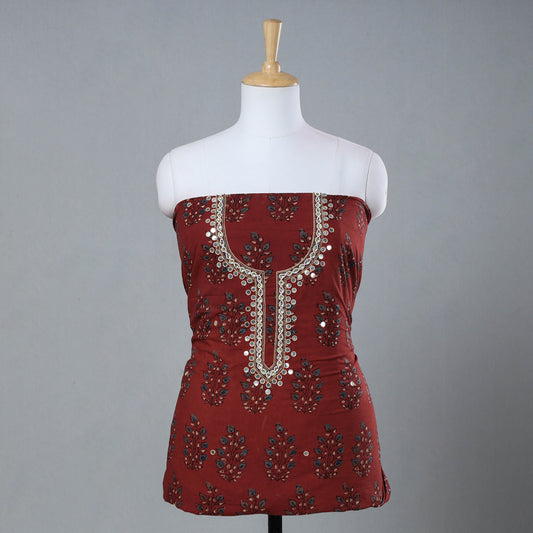 Red - Bead Work Embroidery Ajrakh Block Printed Cotton Kurti Material - 2.6 meter