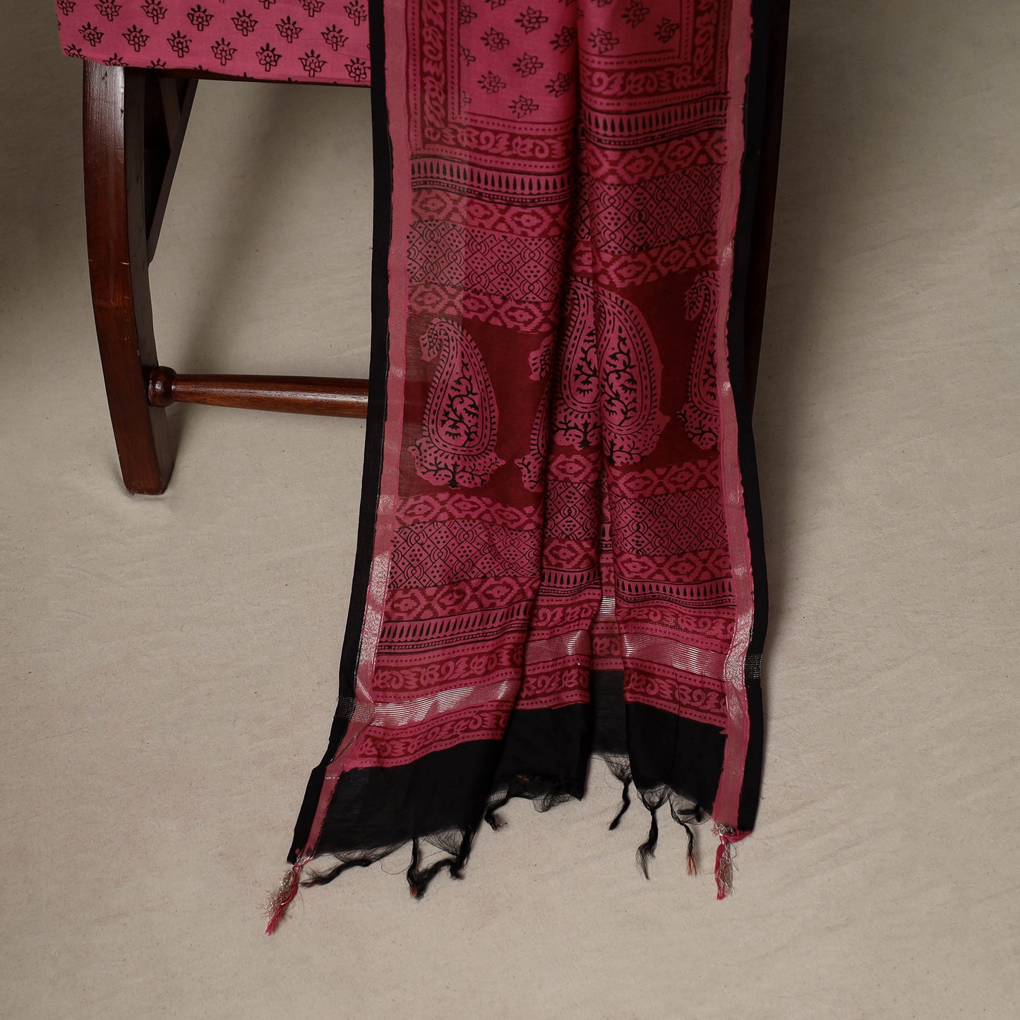 Bagh Hand Block Print Natural Dyed Chanderi Silk 3pc Unstitched Dress Material Suit Set 80