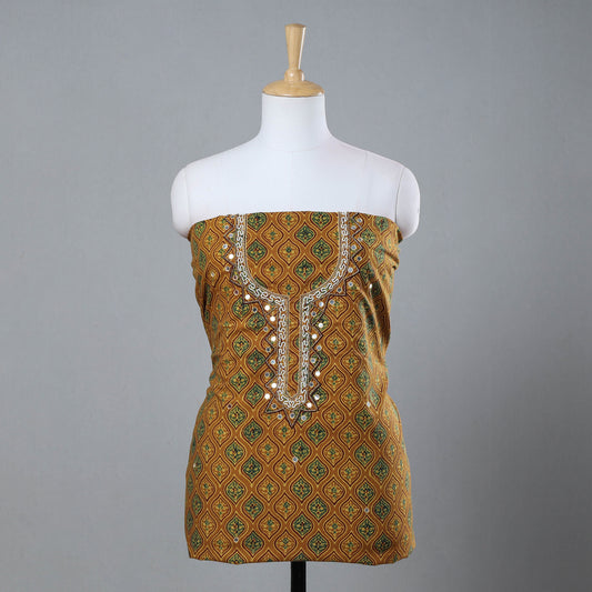 Yellow - Bead Work Embroidery Ajrakh Block Printed Cotton Kurti Material - 2.5 meter