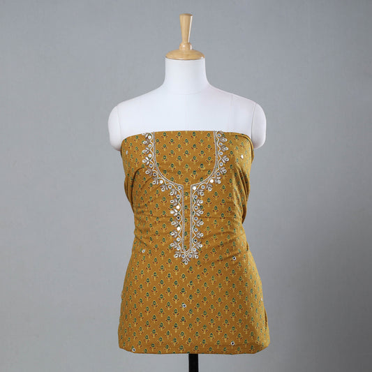 Yellow - Bead Work Embroidery Ajrakh Block Printed Cotton Kurti Material - 2.7 meter