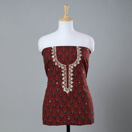 Maroon - Gota Patti & Bead Work Embroidery Ajrakh Block Printed Cotton Kurti Material - 2.6 meter