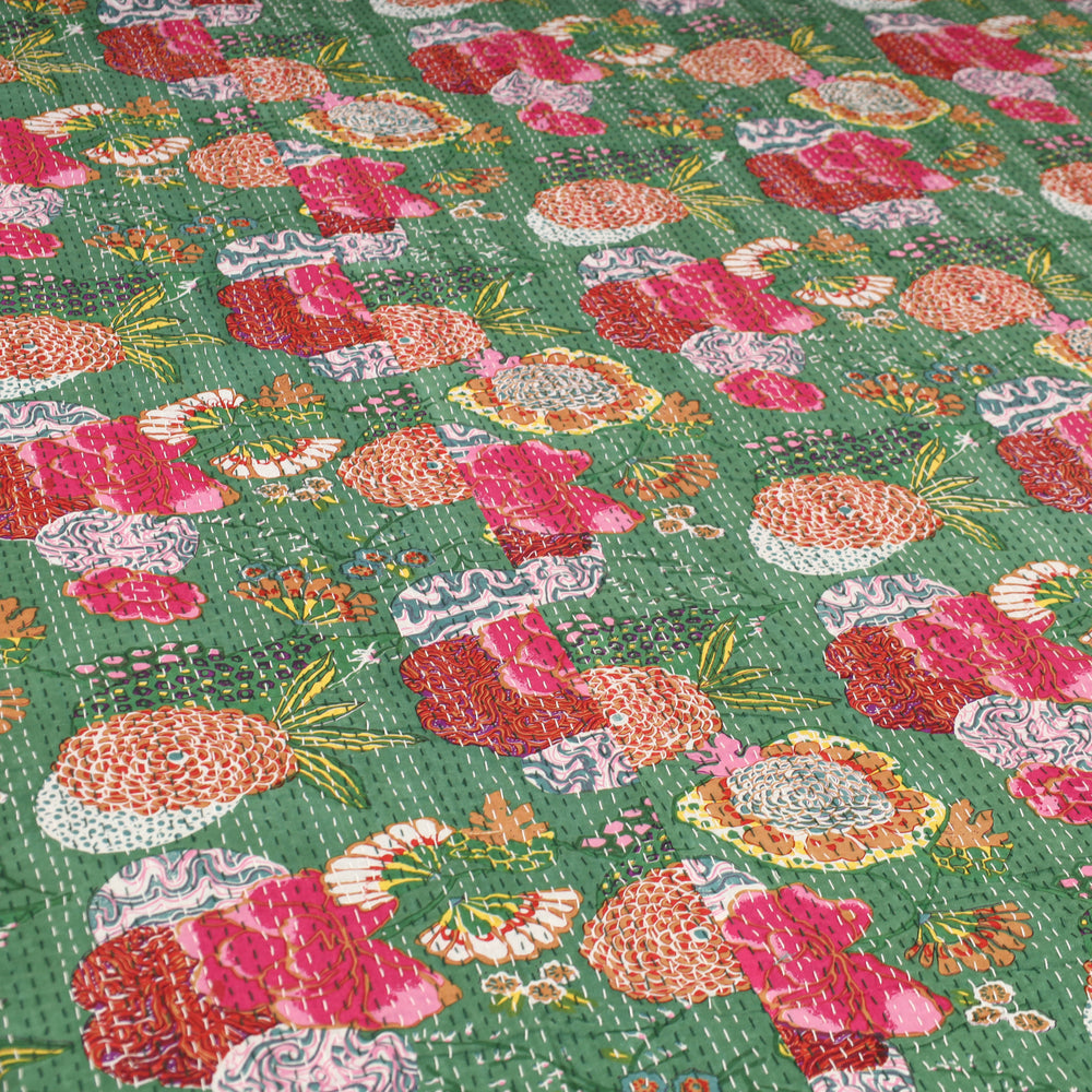 Green - Jaipur Print Single Tagai Kantha Bed Cover 73