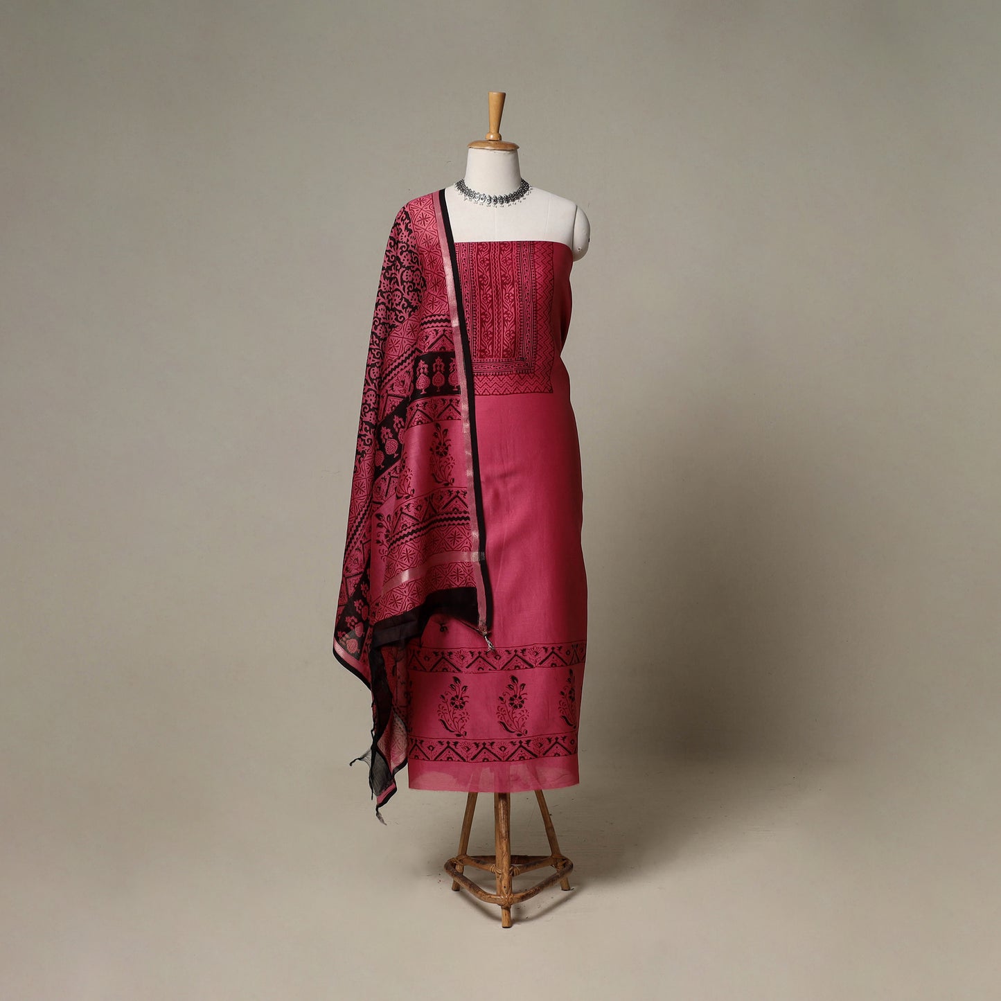Bagh Hand Block Print Natural Dyed Chanderi Silk 3pc Unstitched Dress Material Suit Set 83