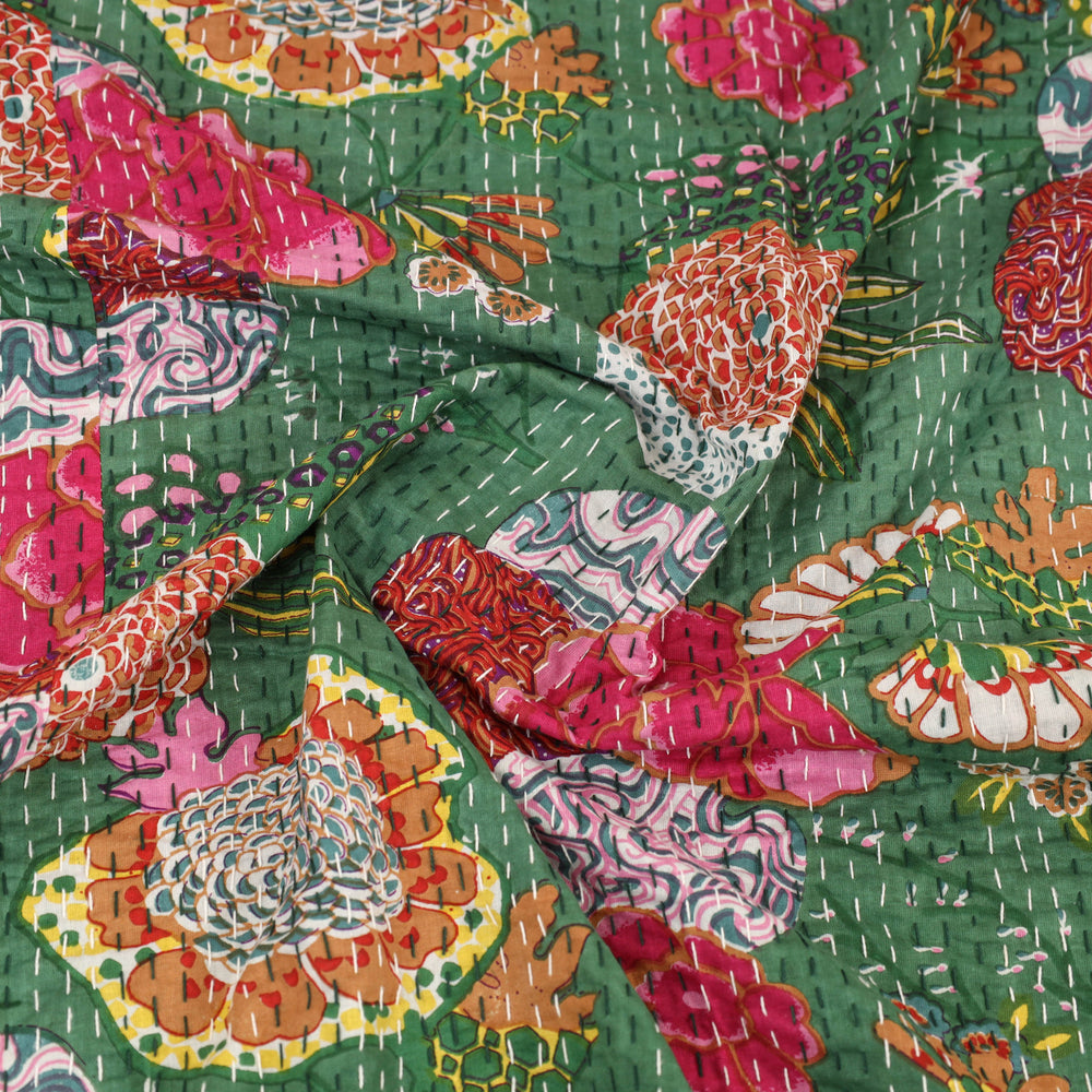 Green - Jaipur Print Single Tagai Kantha Bed Cover 73