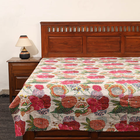 White - Jaipur Print Single Tagai Kantha Bed Cover 74