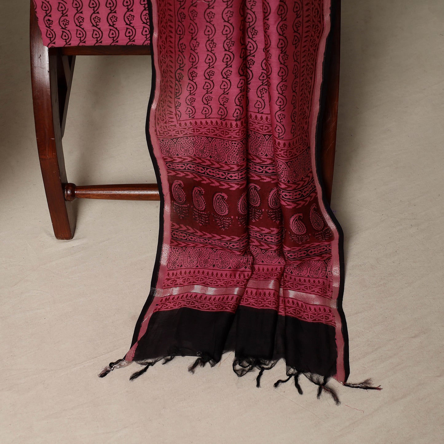 Bagh Hand Block Print Natural Dyed Chanderi Silk 3pc Unstitched Dress Material Suit Set 84