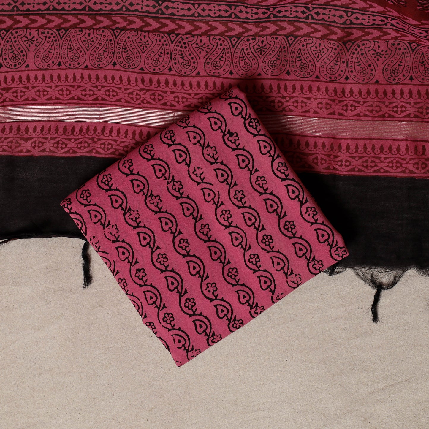 Bagh Hand Block Print Natural Dyed Chanderi Silk 3pc Unstitched Dress Material Suit Set 84