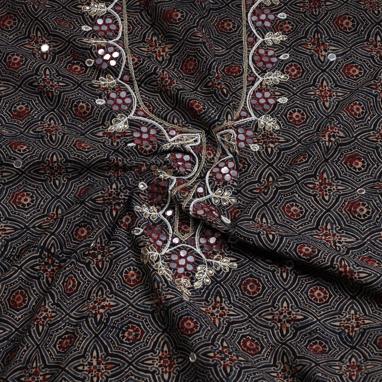 Black - Bead Work Embroidery Ajrakh Block Printed Cotton Kurti Material - 2.6 meter