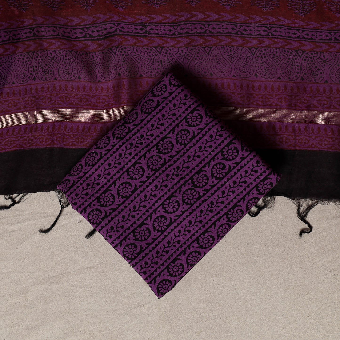Bagh Hand Block Print Natural Dyed Chanderi Silk 3pc Unstitched Dress Material Suit Set 85