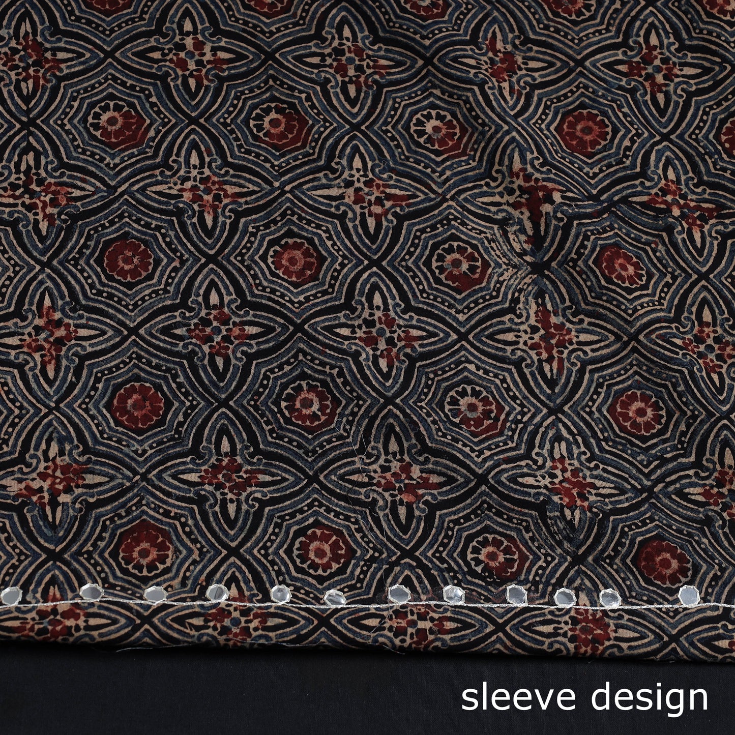 Black - Bead Work Embroidery Ajrakh Block Printed Cotton Kurti Material - 2.6 meter