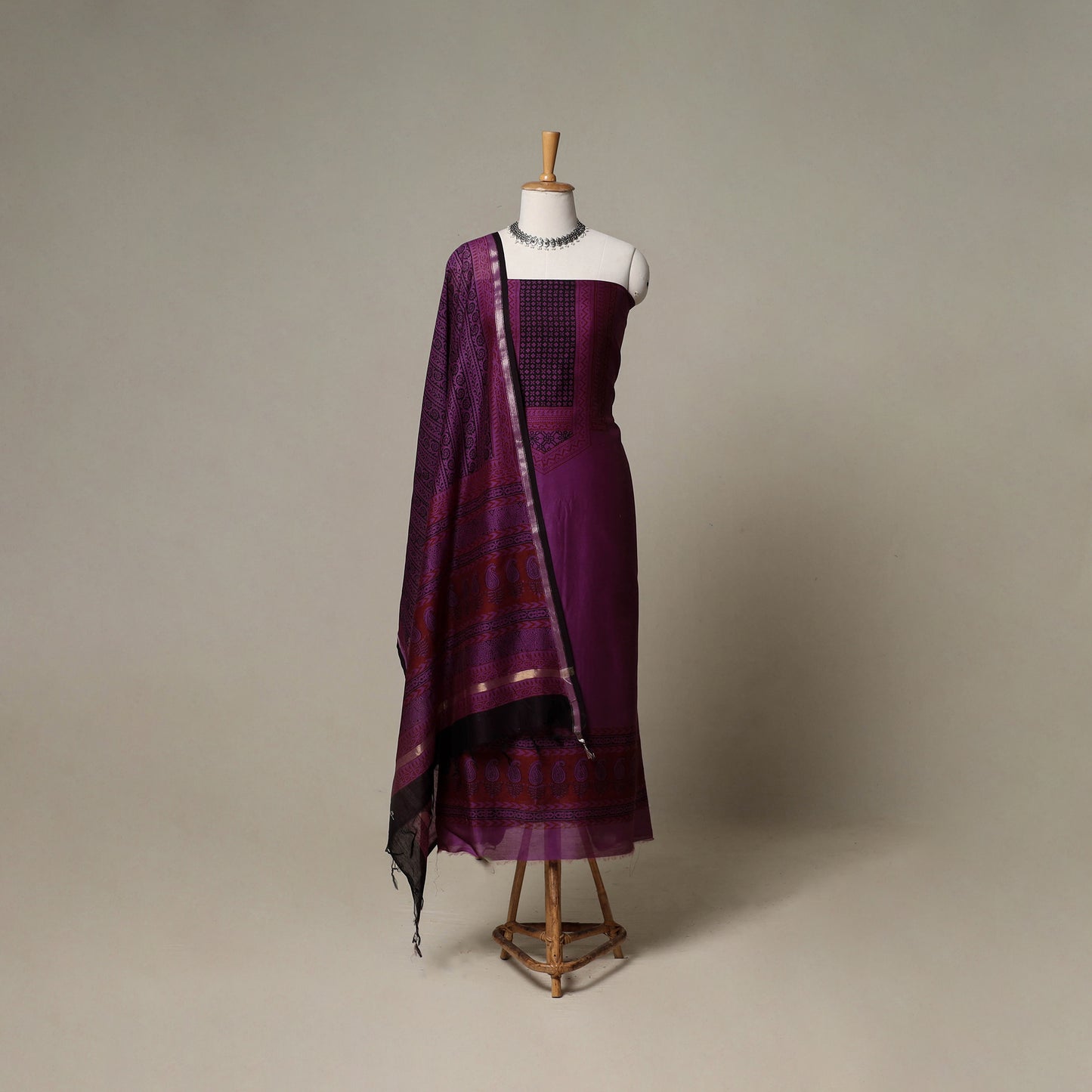 Bagh Hand Block Print Natural Dyed Chanderi Silk 3pc Unstitched Dress Material Suit Set 85
