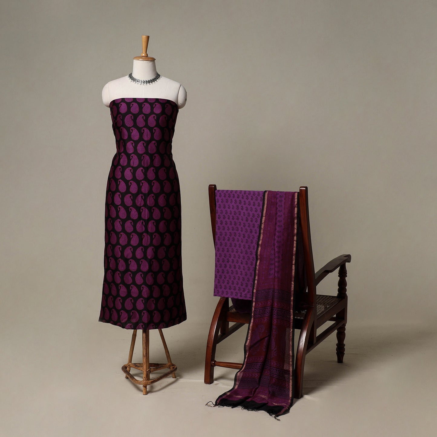 Bagh Hand Block Print Natural Dyed Chanderi Silk 3pc Unstitched Dress Material Suit Set 86
