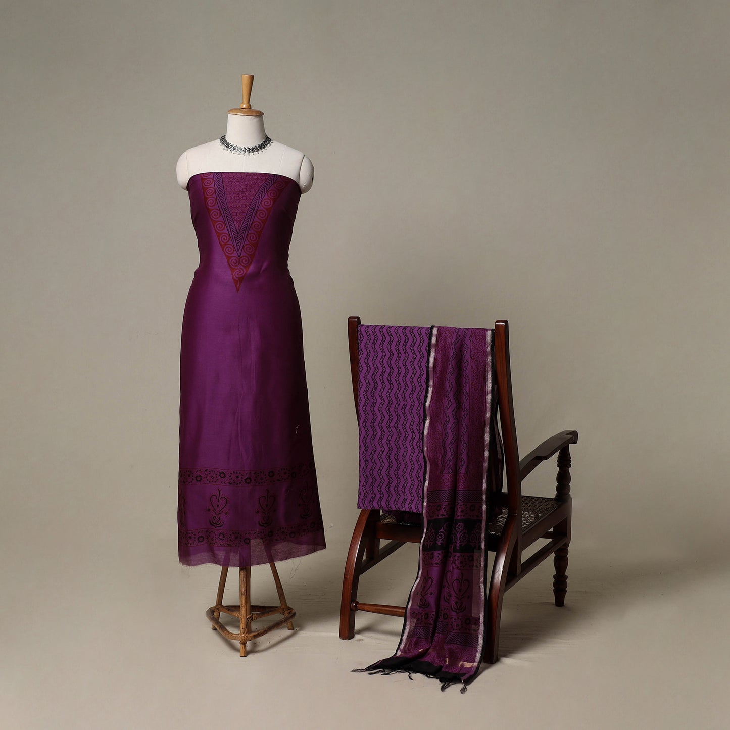 Bagh Hand Block Print Natural Dyed Chanderi Silk 3pc Unstitched Dress Material Suit Set 87