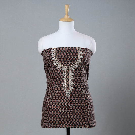 Black - Gota Patti & Bead Work Embroidery Ajrakh Block Printed Cotton Kurti Material - 2.5 meter