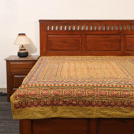 Yellow - Ajrakh Print Single Tagai Kantha Bed Cover 78