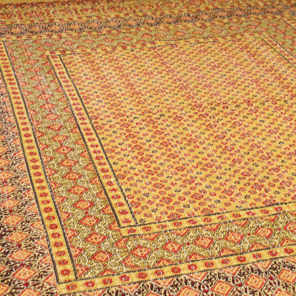 Yellow - Ajrakh Print Single Tagai Kantha Bed Cover 78