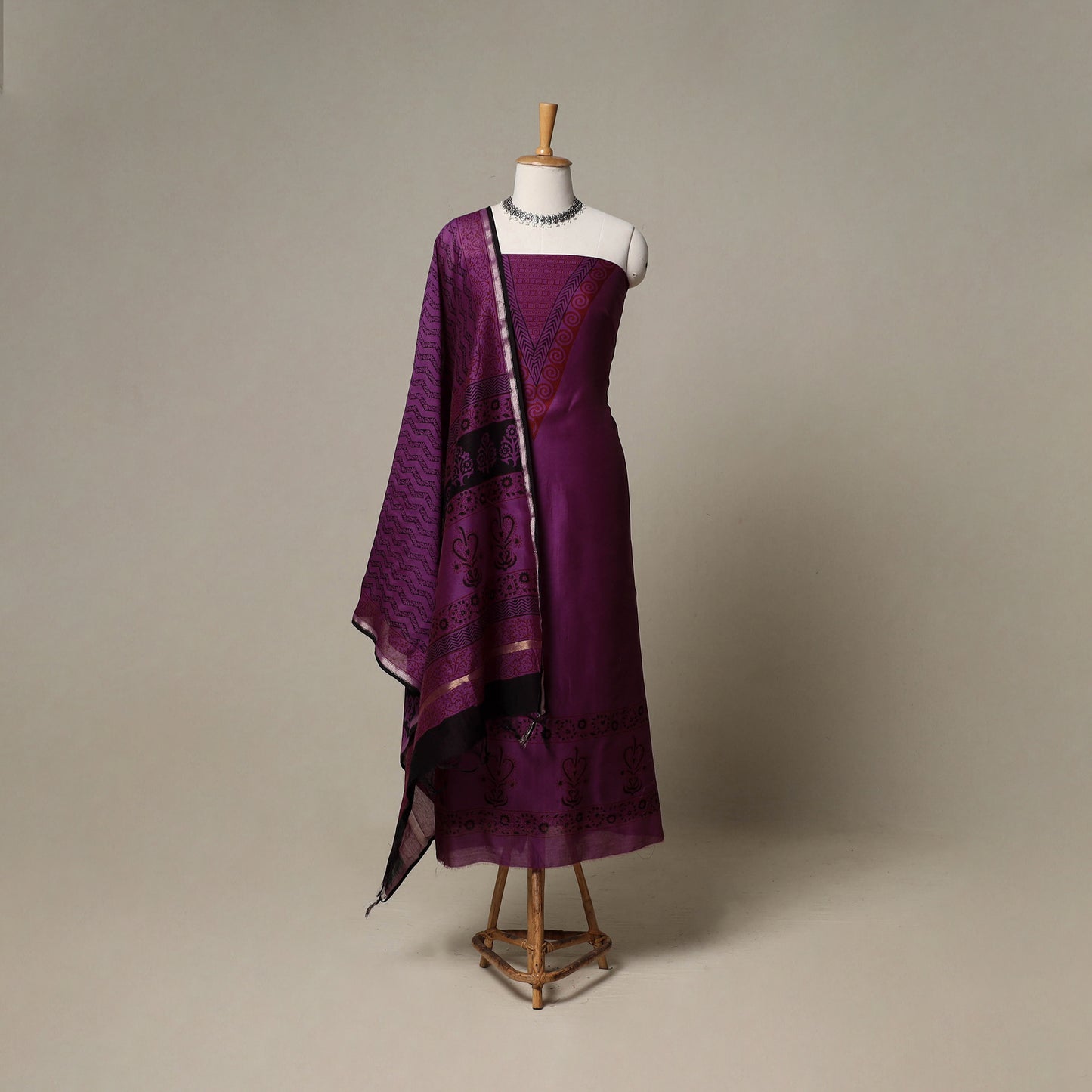 Bagh Hand Block Print Natural Dyed Chanderi Silk 3pc Unstitched Dress Material Suit Set 87