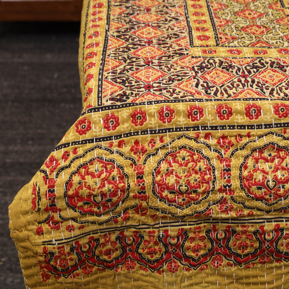 Yellow - Ajrakh Print Single Tagai Kantha Bed Cover 78