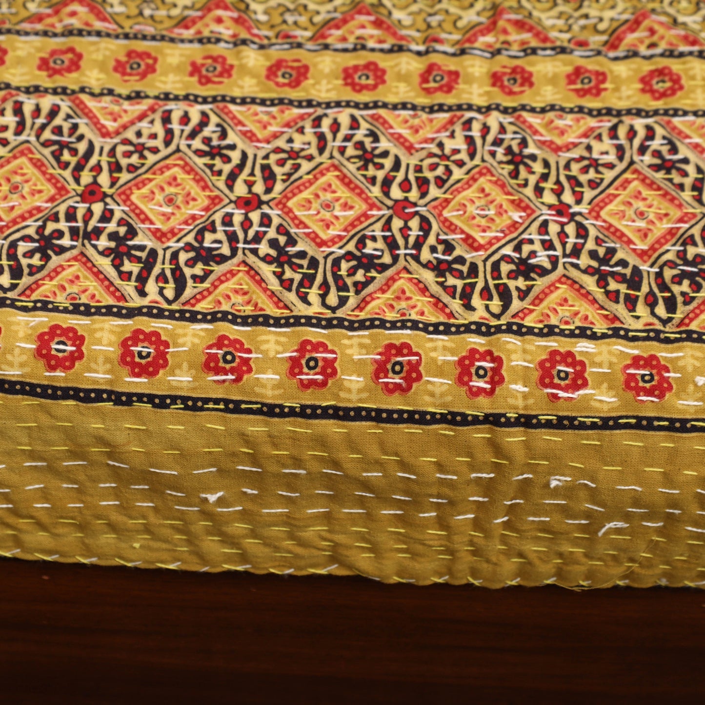 Yellow - Ajrakh Print Single Tagai Kantha Bed Cover 78