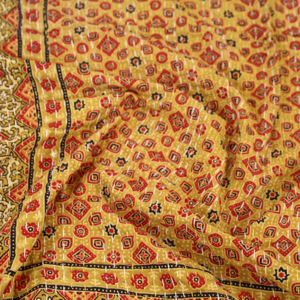 Yellow - Ajrakh Print Single Tagai Kantha Bed Cover 78