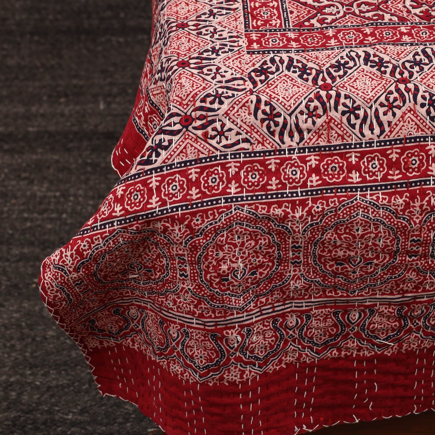 Red - Ajrakh Print Single Tagai Kantha Bed Cover 79