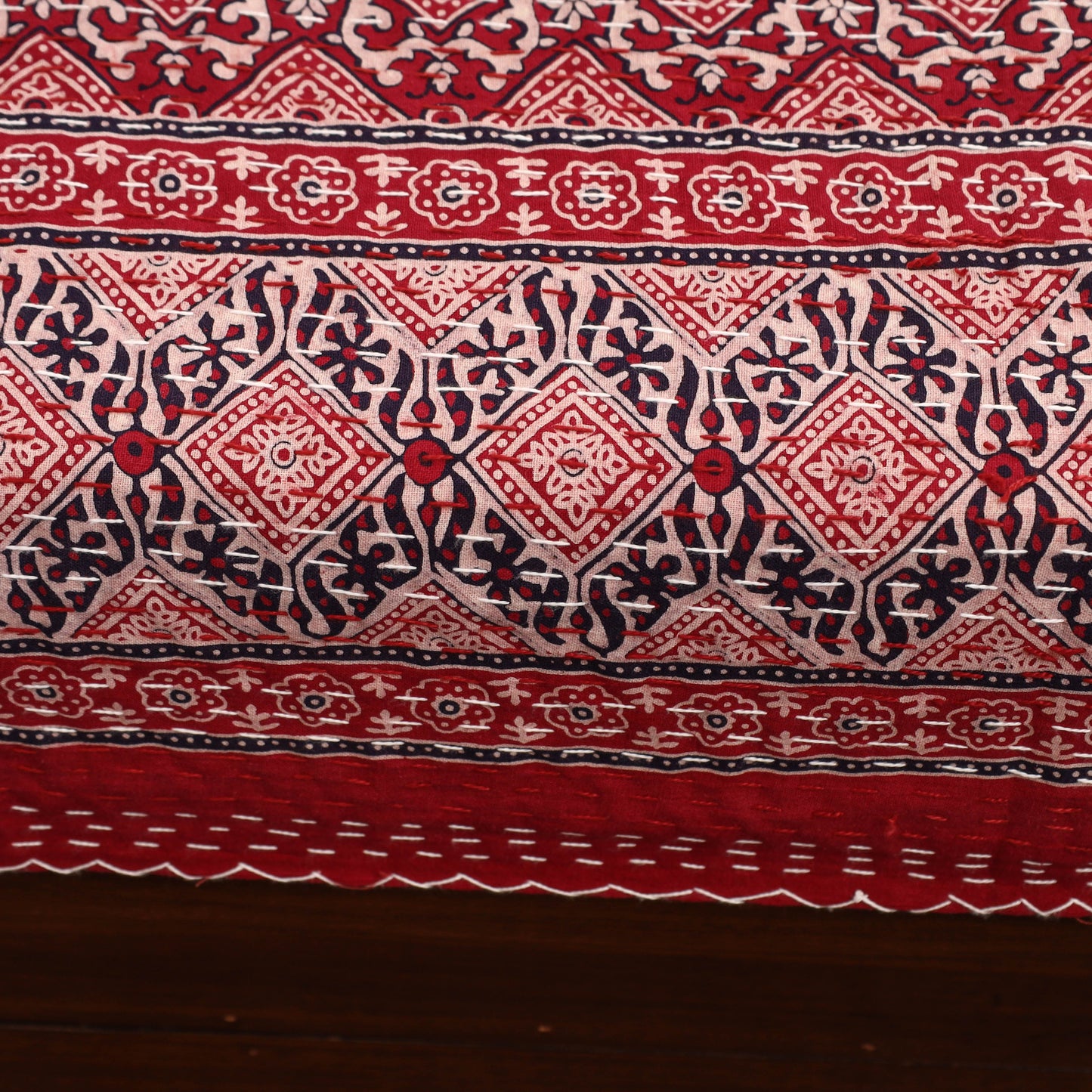 Red - Ajrakh Print Single Tagai Kantha Bed Cover 79