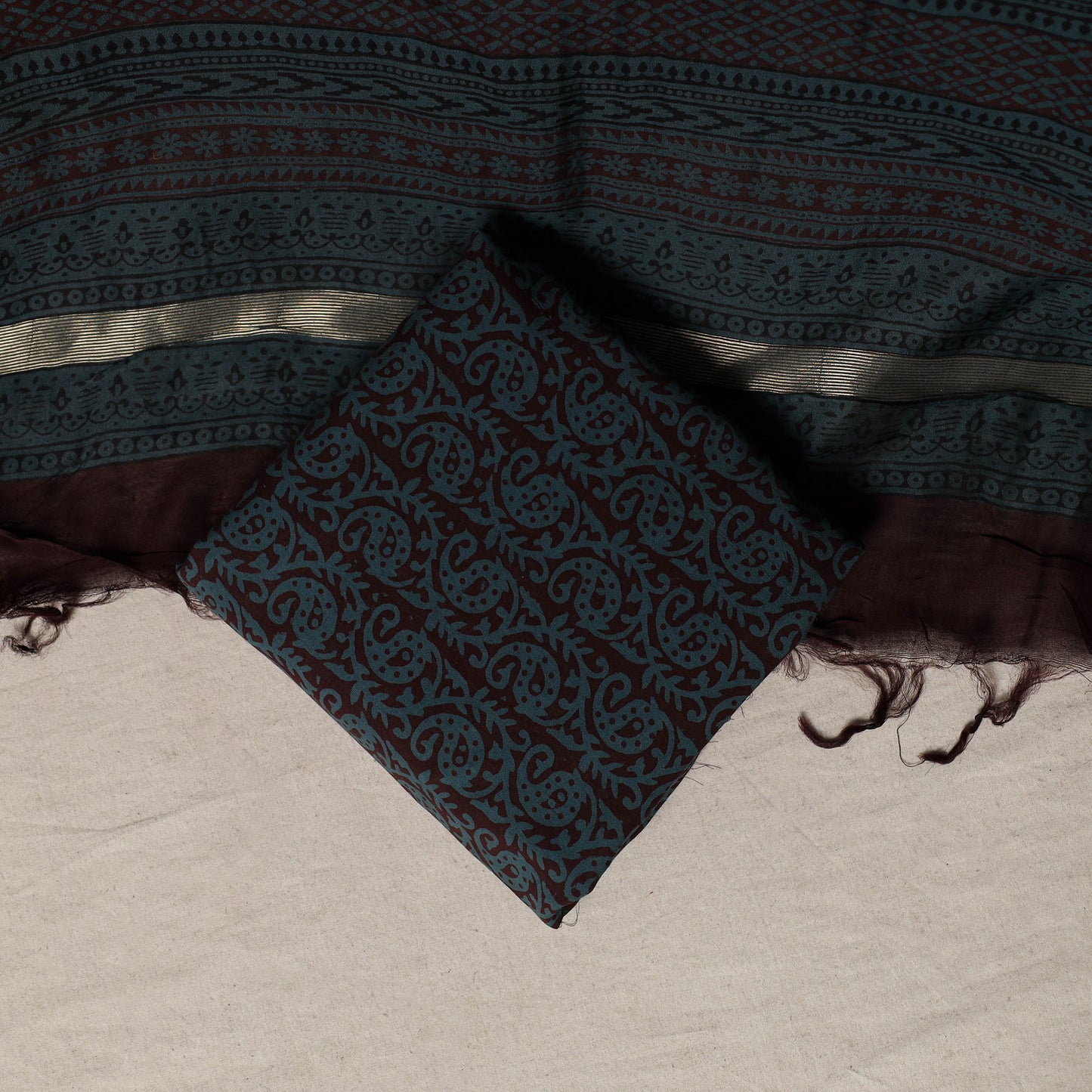 Bagh Hand Block Print Natural Dyed Chanderi Silk 3pc Unstitched Dress Material Suit Set 89