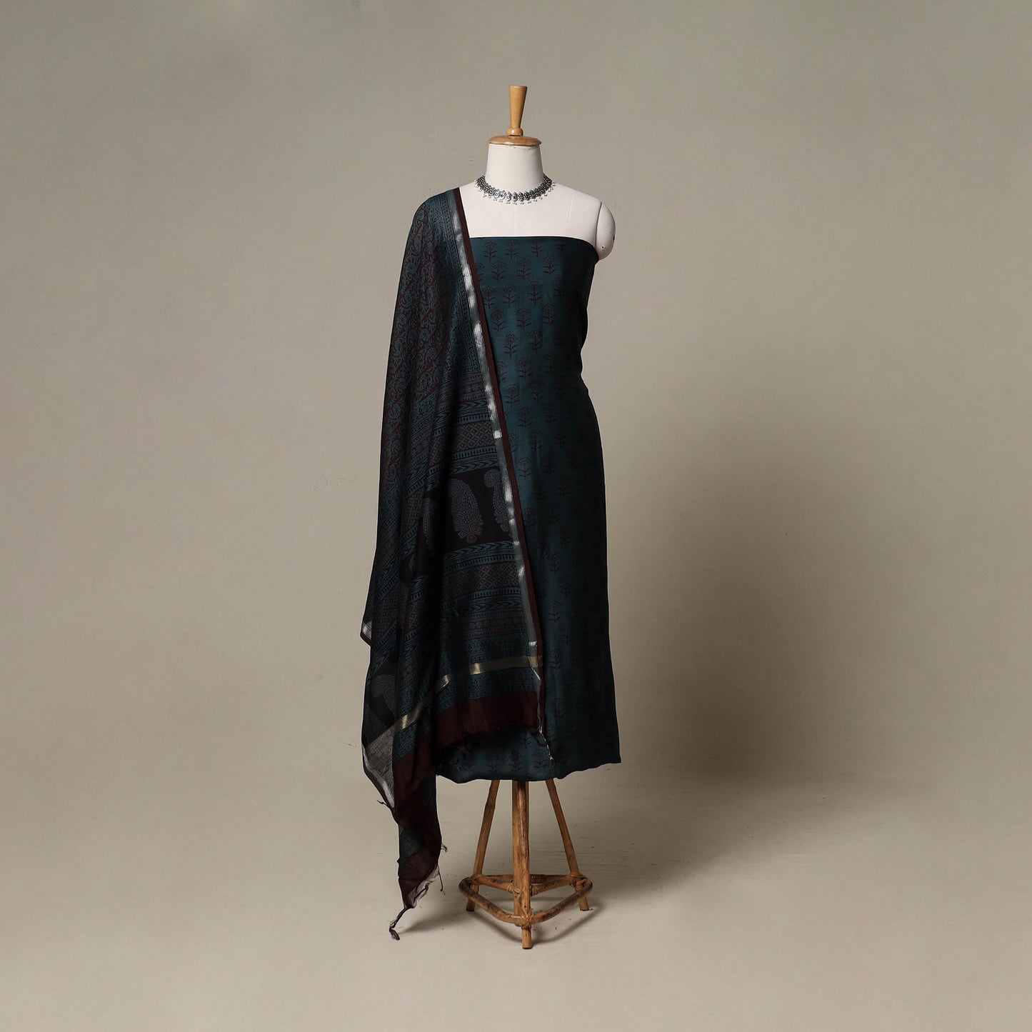 Bagh Hand Block Print Natural Dyed Chanderi Silk 3pc Unstitched Dress Material Suit Set 89